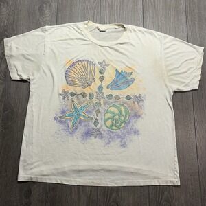 Vintage 80s Sea Shell Starfish Graphic T-Shirt Large Single Stitch Pastel Tee